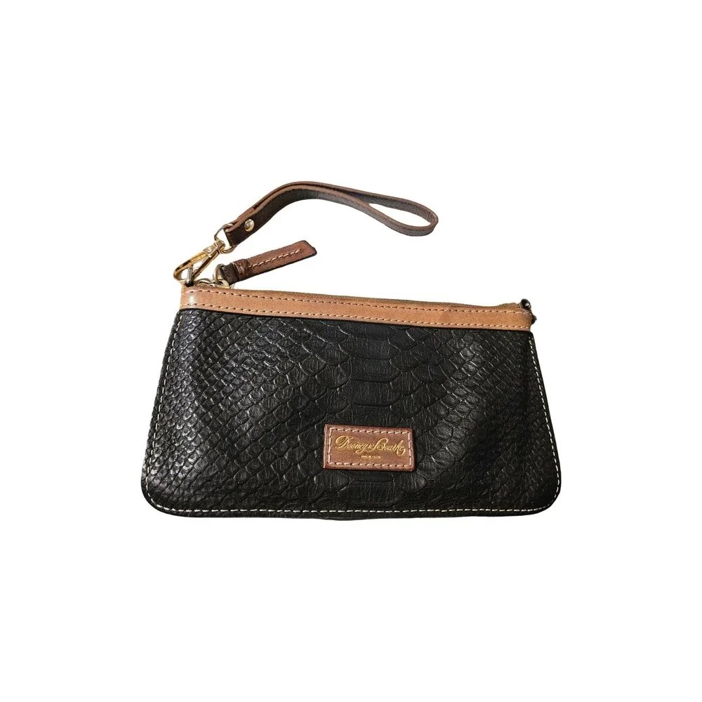 Dooney‎ & Bourke Black Snakeskin Embossed Leather Wristlet Clutch Tan Trim